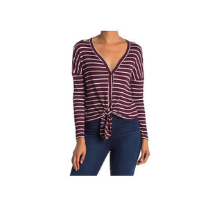Good Luck Gem Striped Knit Top Front Tie Button Down Purple Size L